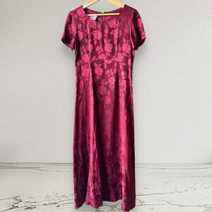 Vintage Laura Ashley Whimsigoth Dress Satin Floral Midi Dress in Burgundy Size 6